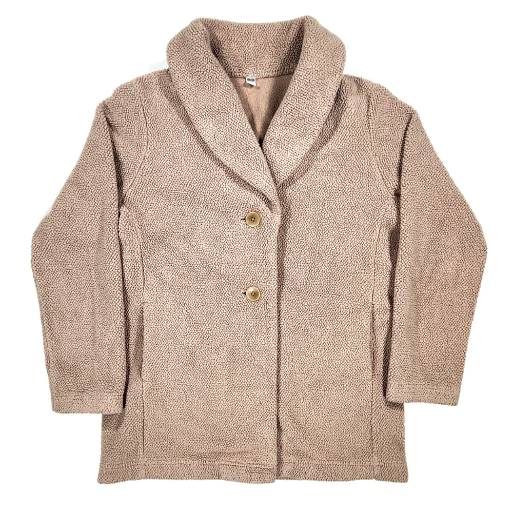 Uniqlo Teddy Fleece Coat Womens Large Beige Sherpa Jacket Cozy Fall Winter